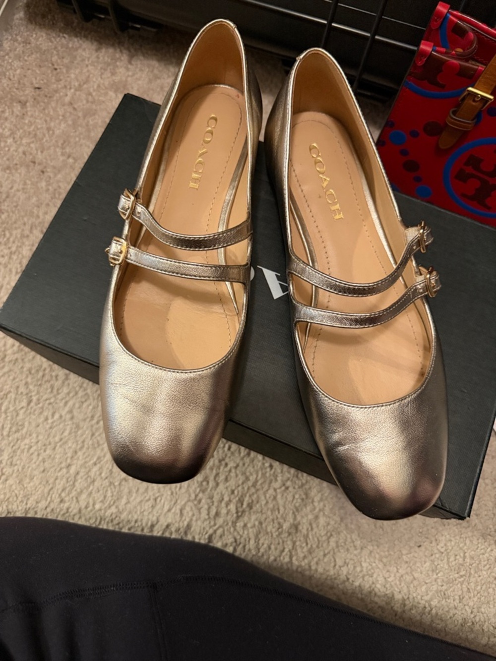 COACH Metallic Gold Double-Strap Mary Jane Flats